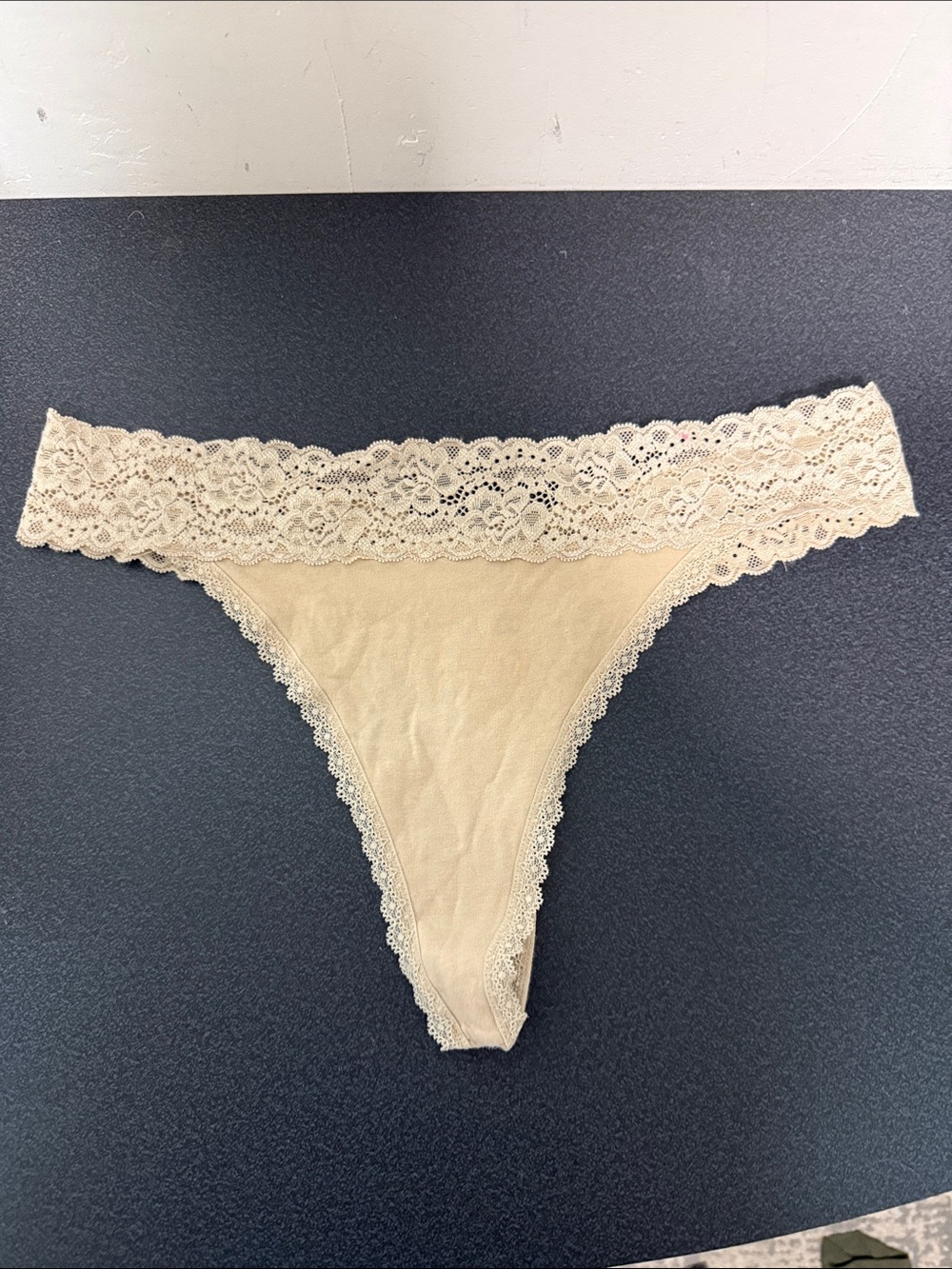 Lace-Trim Thong Panty in Cream